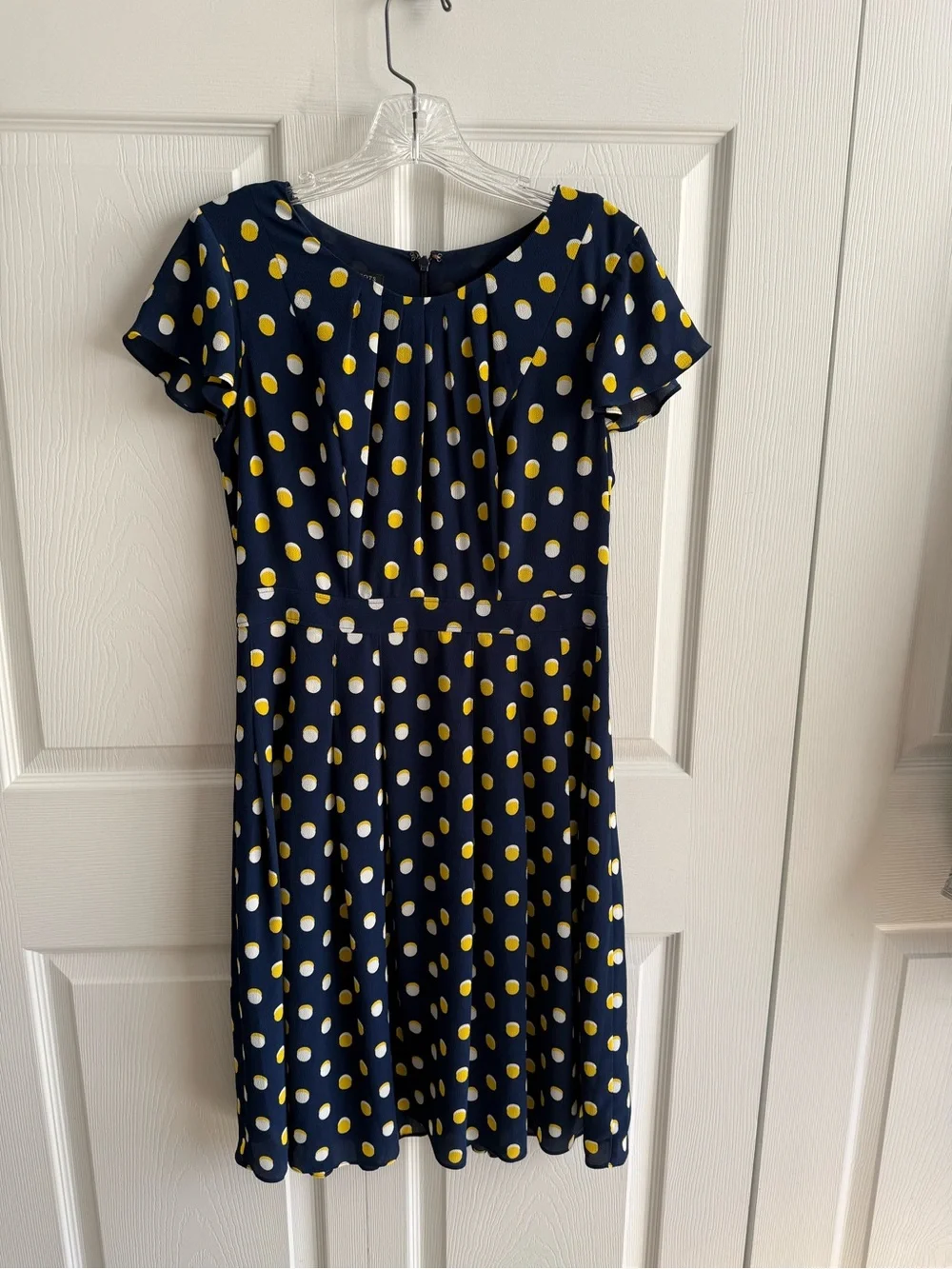 Navy Polka Dot Fit-and-Flare Dress talbots knee length- Yellow & White Dots 4p